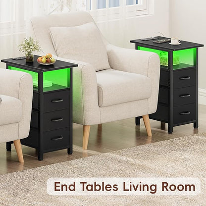 Vagusicc Set of 2 Black Nightstand with Charging Station and LED Lights, Narrow End Table, LED Night Stand with 3 Fabric Drawers for Bedroom, Small Bedside Table, Narrow Side Table for Small Spaces