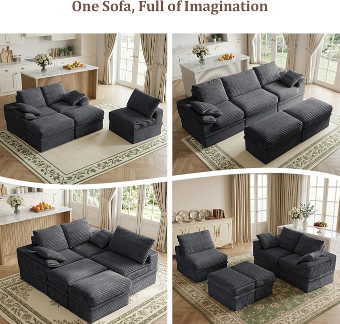 107" Modular U-Shaped Sectional Sofa with Storage, 3-Seat Corduroy Boneless Couch, 27" Deep Seat Cloud Couch & 2 Movable Ottoman, Tool-Free Assembly, Couch for Living Room, Grey