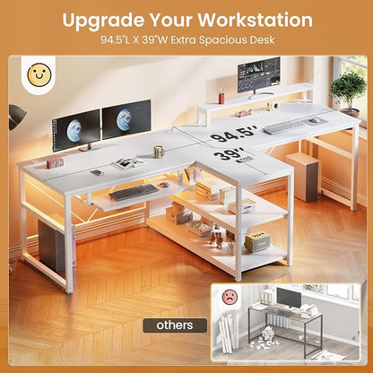 SEDETA 94.5" White Computer Desk, Two Person Gaming Desk with LED Light, Keyboard Tray, Power Strip with USB, Monitor Shelf & Storage, Extra Long Double Desk for Home Office, White