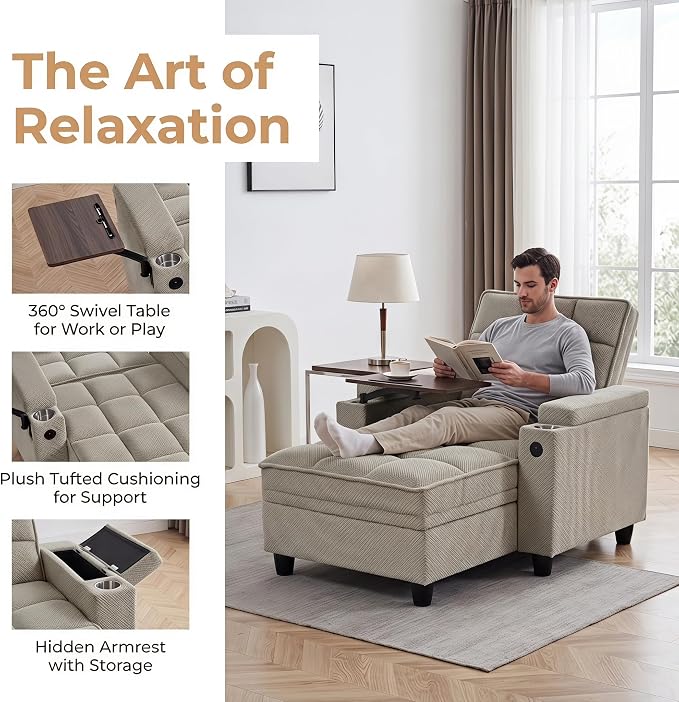 Convertible Sleeper Chair, Pull Out Sofa Bed with Adjustable Backrest & Hidden Storage Armrest, Single Sofa Recliner with USB Charging Port & Cup Holders for Living Room, Bedroom, Khaki