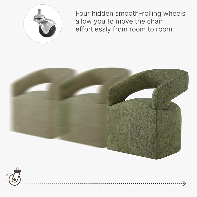 KISLOT Upholstered Dining Chairs Set of 1, Modern Rolling Dining Chairs with Hidden Casters, Arm Kitchen Chairs with Linen Look Fabric, Padded Barrel Chairs for Dining Room, Kitchen, Bedroom, Green