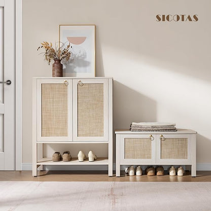 SICOTAS Rattan Storage Bench Boho Storage Chest with 2 Safety Hinges | Wood Storage Truck Box for Bedroom, Living Room, Entryway, Supports 220 lb, White Oak