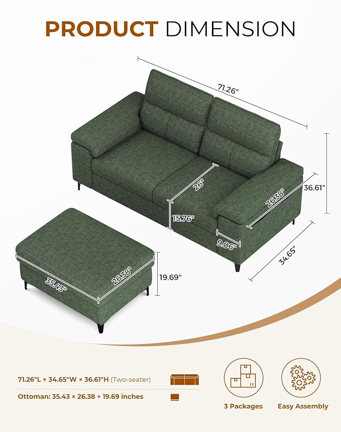 71.25" L Shaped Sectional Couches for Living Room, Deep Seat Sofa with Big Storage Ottoman & 8”Cushion, Comfy 2-Seater Chenille Loveseat, Convertible Armrest, Removable Cover for Small Space(Green)