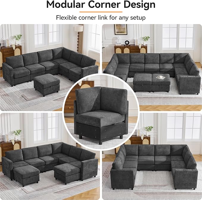 127'' Oversized U Shaped Modular Sofa, Sectional Couches with Storage for Living Room, Modern 9 Seater Cloud Sectional Couch with Movable Ottoman, Chenille Dark Grey