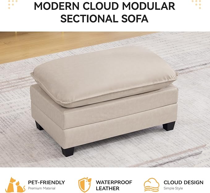 WUTUTUEE 35'' Modern Leather Cloud Sofa Ottoman,Rectangle Ottoman for Modular Sectional Sofa, Leather Beige