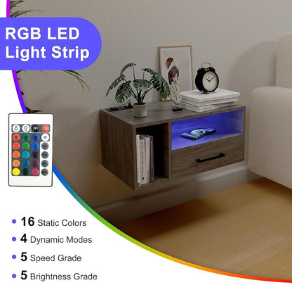Homaterial Floating Nightstand with Charging Station and LED Lights, Floating Bedside Table with Drawers Wall Mounted Nightstands,for Bedroom Room, 21.3" x 11.8" x 10",Grayish Brown