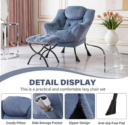Lazy Chair with Ottoman, Modern Accent Chair Contemporary Lounge Leisure Sofa Chair with Armrests, Reading Chair and Folding Footstool Set for Living Room, Bedroom, Office, Velvet Black