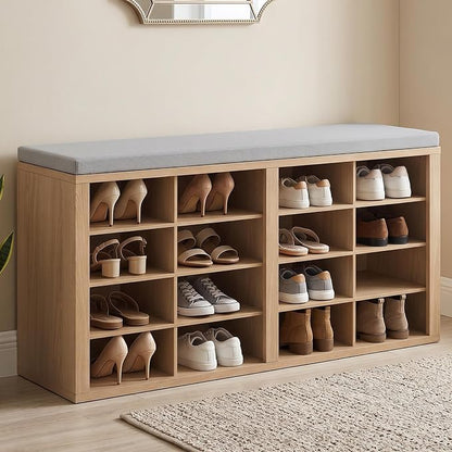 Shoe Rack Bench, Shoe Storage Bench with Cushion, Shoe Organizer 16 Cubbies for Entryway Hallway Bedroom Living Room, Holds Up to 400lbs