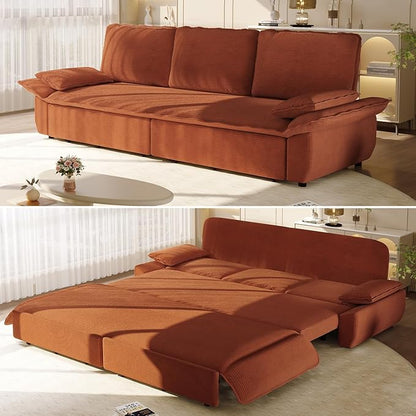 94.5'' Sleeper Sofa Bed King Size, Modern Corduroy Pull Out Couch, 3-in-1 Convertible Futon Sofa, 3 Seater Couches, Cloud Recliner, Pillow Arm, for Living Room, Apartment, Offices, RV, Orange