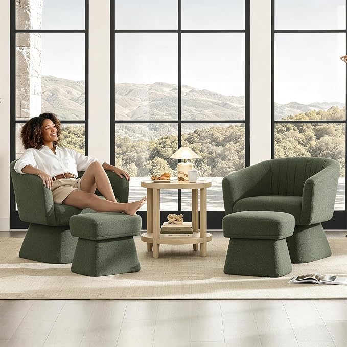 Zerel's Home Swivel Accent Chair with Ottoman, Upholstered Barrel Accent Chair, Modern Accent Chair with Pleated Backrest and Arms, Boucle Armchair for Living Room Bedroom, Set of 2, Green