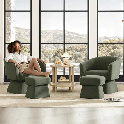 Zerel's Home Swivel Accent Chair with Ottoman, Upholstered Barrel Accent Chair, Modern Accent Chair with Pleated Backrest and Arms, Boucle Armchair for Living Room Bedroom, Set of 2, Green