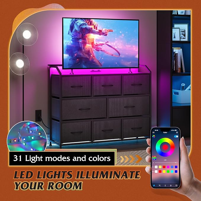 WLIVE Led Dresser for Bedroom, Black Dresser TV Stand for Bedroom with LED Lights and Power Outlet, Wide Chest of Drawers for Hallway, 8 Fabric Drawers for Living Room and Entryway, Easy to Assemble