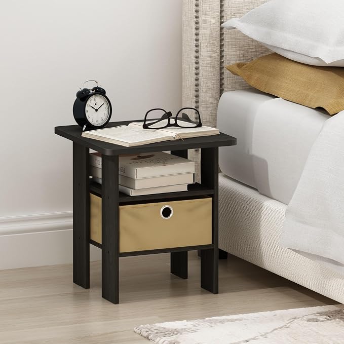 Furinno TIDUR 3-Tier Night Stand, Nightstand with Storage Bin, Espresso | Open Shelf Design, Bedside Table, End Table, Side Table for Bedroom, Living Room