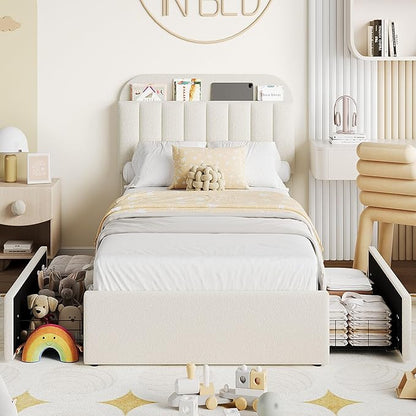 IDEALHOUSE Twin Bed Frame for Kids, Boucle Upholstered Platform Bed for Boys/Girls with 2 Flexible Drawers, Bookcase Headboard, Noise-Free, Easy Assembly, No Box Spring Needed, Beige