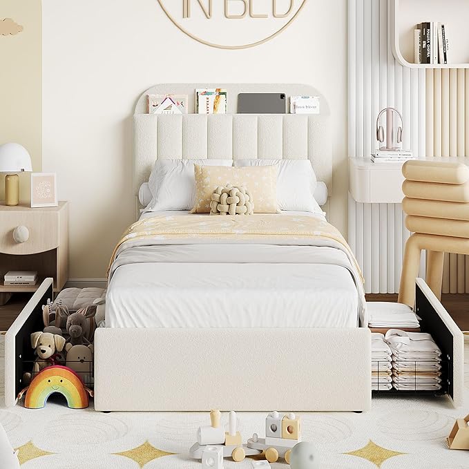 Garvee Twin XL Size Bed Frame with 2 Flexible Drawers, Boucle Upholstered Platform Bed Frame with Bookcase Headboard, Bedframe for Kids/Girls, Easy Assembly, No Box Spring Needed, Noise Free, Beige