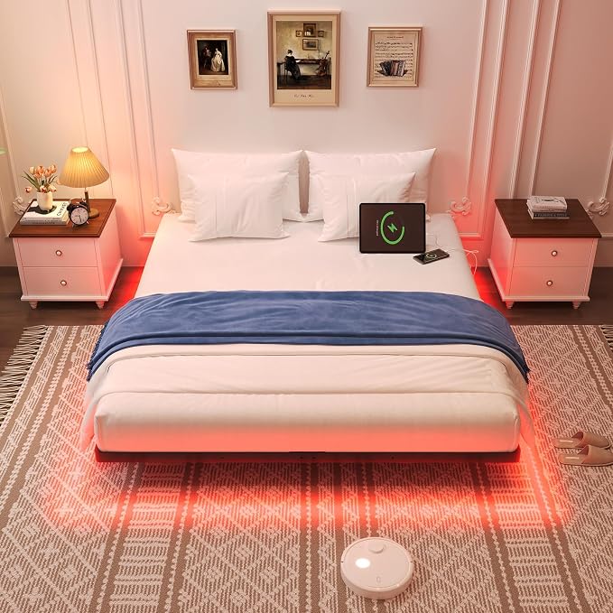 Awesofurni Floating Bed Frame King Size with Smart LED Lights and Charging Station, Heavy Duty Modern Metal Platform Bed No Box Spring Needed - Easy Assembly and Noise Free
