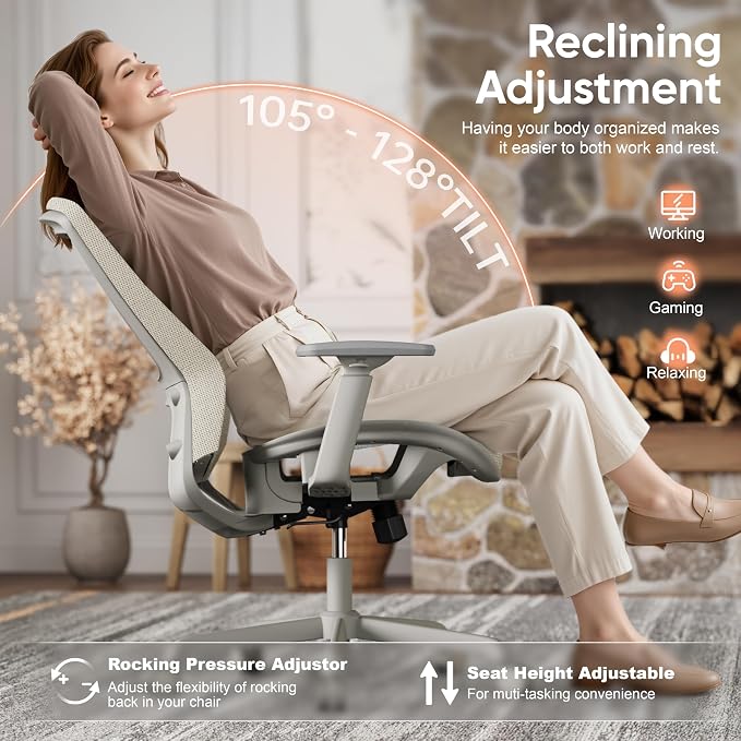 ELABEST Mesh Office Chair,Ergonomic Computer Desk Chair,Sturdy Task Chair- Adjustable Lumbar Support & Armrests,Tilt Function,Comfort Wide Seat,Swivel Home Office Chair (Beige)