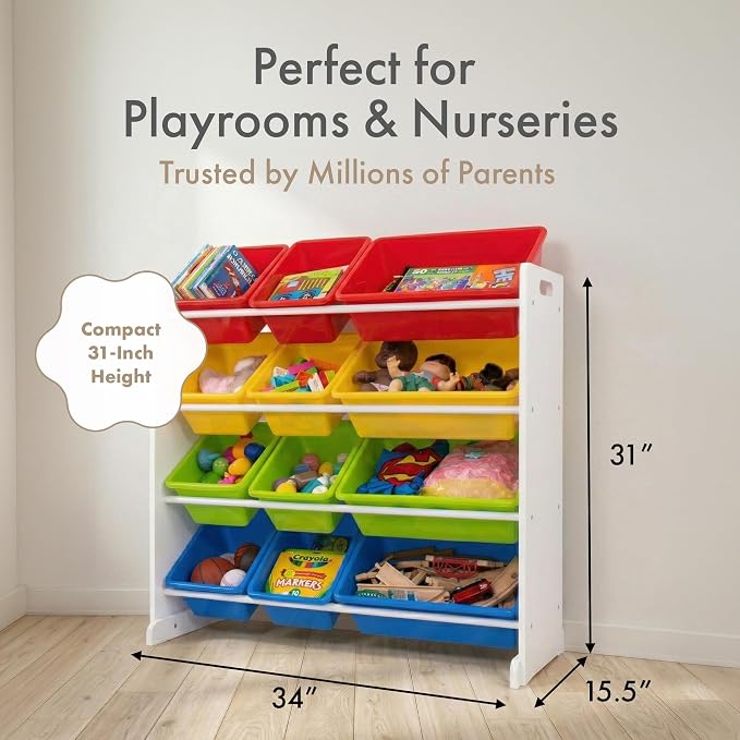 Humble Crew Toy Storage Organizer with 12 Removable Storage Bins for Kids Playroom, 4-Tier Toddler Toy Organization, White/Primary