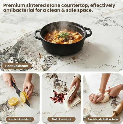 Marble Expandable Table 63 to 94.5 Inch Expansion Sintered Stone Table for 6-10 People, Scratch Resistant Heat Resistant Easy Clean, Kitchen Living Room Folding Dining Table