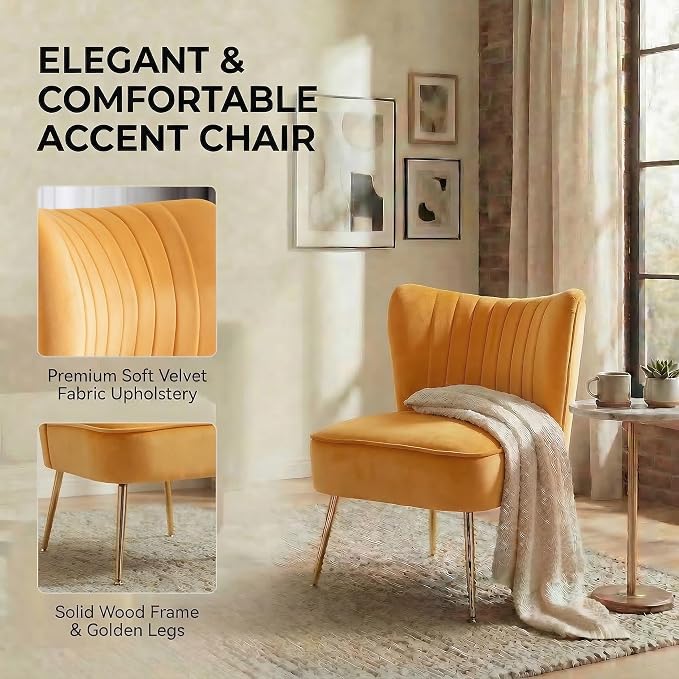 DUOMAY Modern Accent Chair Set of 2 Velvet Slipper Chair with Gold Legs Wingback Side Chair for Living Room Bedroom Entryway Small Corner Chair for Space Saving, Yellow
