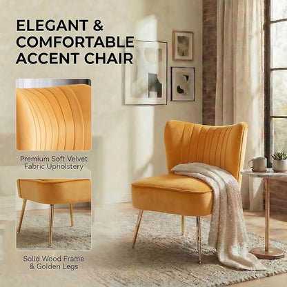 DUOMAY Modern Accent Chair Set of 2 Velvet Slipper Chair with Gold Legs Wingback Side Chair for Living Room Bedroom Entryway Small Corner Chair for Space Saving, Yellow