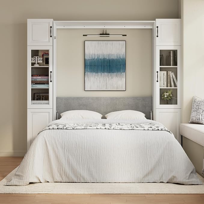 Bobve Farmhouse Murphy Bed Queen,85" Wall Bed Folds to Save Space,Concealed Bed Frame with 2 Glass Storage Cabinets(Small) and Wall Mounted Features for Apartment/Office/Guest Room