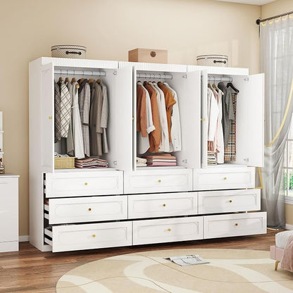 Wooden Wardrobe Closet with Doors: 75" Tall White Armoire Wardrobe Closet with 9 Drawers and 6 Doors, Modern Clothes Cabinets for Bedroom Armoires with Hanging Rod (9-Drawers, 94.5")