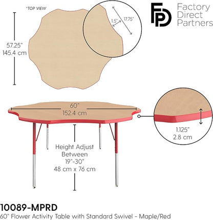 FDP Flower Activity School and Office Table (60 inch), Standard Legs with Swivel Glides for Collaborative Seating Environments, Adjustable Height 19-30 inches - Maple Top and Red Edge