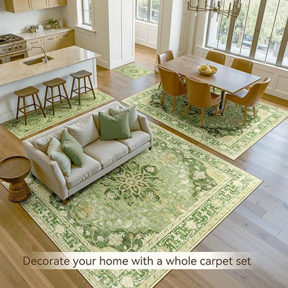 RELEANY Area Rugs 5'x8' Washable Non-Slip, Floral Vintage Distress Medallion Carpet for Living Room Bedroom Dining Room, Sage Green Yellow