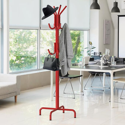 Simple Houseware Standing Coat and Hat Hanger Organizer Rack, 12 Hooks, Red