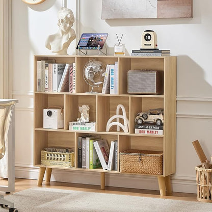 LEYAOYAO 10 Cube Bookshelf,3 Tier Modern Wide Bookcase with Legs,Mid-Century Wood Bookshelves Storage,Light Wood Large Book Case,Freestanding Organizer Display Shelf for Bedroom,Living Room,Office