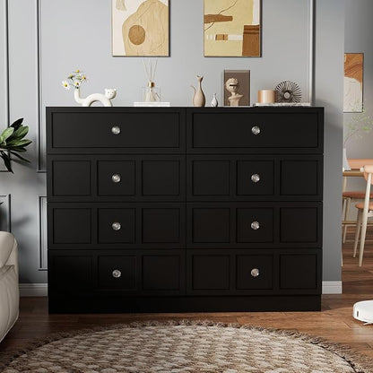 8 Drawer Dresser for Bedroom: 47" Black Wide Tall Dressers for Bedroom, Modern Fluted Dresser with Deep Drawers, Wooden Chest of Drawers for Living Room