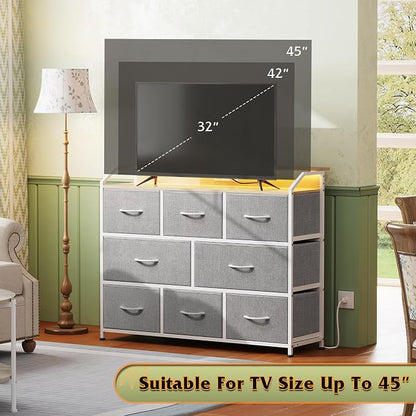 WLIVE Dresser TV Stand with Power Outlets, Led Dresser for Bedroom, Fabric Chest of Drawers with Open Shelves, Wood Top, Steel Frame, 6 Drawer Dressers for Closet, Living Room, Light Grey
