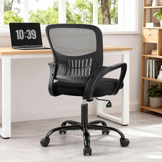 DUMOS Home Office Chair - Ergonomic Mid Back Mesh Desk Chair with Lumbar Support & Rocking Mode, Height Adjustable, Fixed Armrest, for Conference, Computer, 360° Swivel, Adults, Black