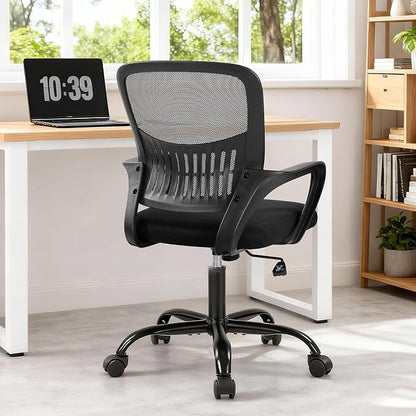 DUMOS Home Office Chair - Ergonomic Mid Back Mesh Desk Chair with Lumbar Support & Rocking Mode, Height Adjustable, Fixed Armrest, for Conference, Computer, 360° Swivel, Adults, Black