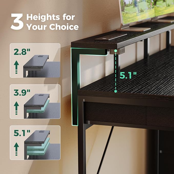 Huuger Gaming Desk with 6 Drawers, Computer Desk with LED Lights Power Outlets and Type-C, 39 Inch Office Desk with Storage, Monitor Stand, Writing Desk Work Desk Home Office, Bedroom, Black, 1CD100B