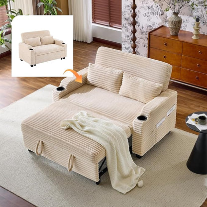 VINGLI Beige Futon Sofa Bed Convertible Loveseat Sleeper Sofa Couch, Corduroy Pullout Sofa Fold Out Couch Bed with USB Ports, Cup Holders, Armrest for Living Room, Bedroom Apartment Room