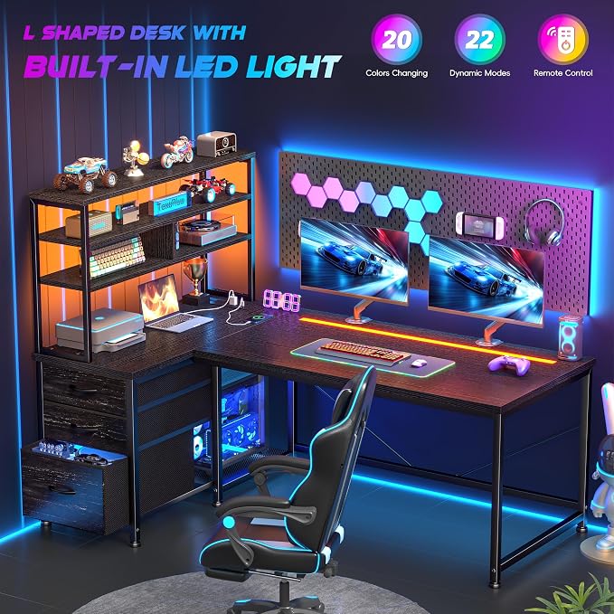 DurayLoly L Shaped Gaming Desk with 3 Fabric Drawers & Shelves for Storage | Reversible Computer Desk with LED Lights, Power Outlet and PC Stand of Home Office Desk for Bedroom,Dorm,Gaming Room,Black