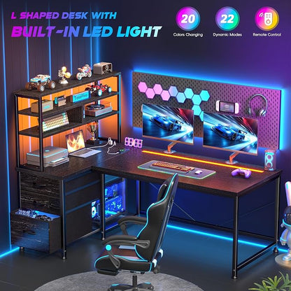 DurayLoly L Shaped Gaming Desk with 3 Fabric Drawers & Shelves for Storage | Reversible Computer Desk with LED Lights, Power Outlet and PC Stand of Home Office Desk for Bedroom,Dorm,Gaming Room,Black