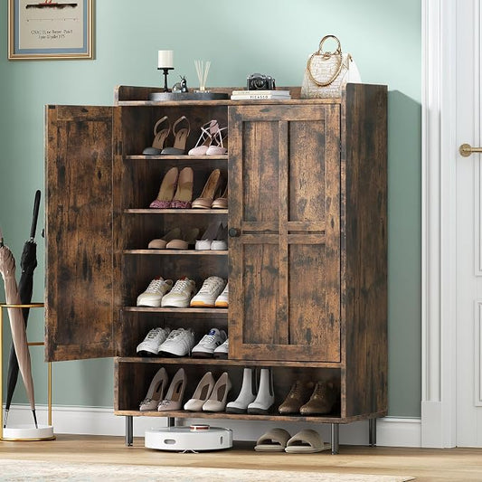 Shoe Storage Cabinet with 2 Doors, 6-Tier Shoe Cabinet with 3 Adjustable Shelves and Metal Legs, 45'' Tall Shoe Rack Organizer Cabinet for Entryway, Front Door, Rustic Brown