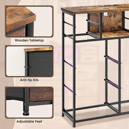 Romorgniz Dresser for Bedroom with LED Lights & Power Outlets 2 AC & 2 USB, Fabric 10 Drawer Dressers & Chest of Drawers with Open Shelves for Hallway Living Room, Metal Frame, Wood Top, Rustic Brown