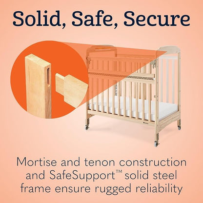 Foundations Serenity SafeReach Mirrorview Crib with Access Gate, Natural, Adjustable Mattress Board, Compact Wooden Baby Crib, Mirrored End Panels, Includes 3” Foam Mattress