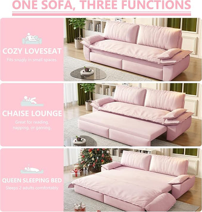 70.1" Sofa Bed Queen Size, Pull Out Couch Bed, 3-in-1 Convertible Sleeper Sofa with Cushion Armrest, Modern Velvet Futon Couch for Living Room, Small Space, Apartment, Bedroom, Pink
