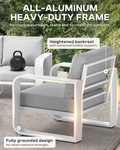 Oversized Aluminum Outdoor Furniture Set, Extra Large Patio Furniture Sofa Set 4.8” Widened Armrest & Ultra-Thick Cushions, 4 Pcs Modern Patio Sectional for Backyard, Porch, White