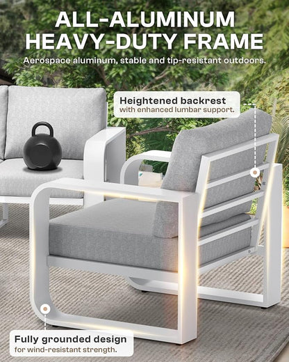 Oversized Aluminum Outdoor Furniture Set, Extra Large Patio Furniture Sofa Set 4.8” Widened Armrest & Ultra-Thick Cushions, 4 Pcs Modern Patio Sectional for Backyard, Deck, White