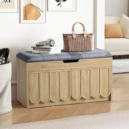 ORRD Shoe Storage Bench with Cushion, Entryway Shoe Cabinet Bench with 2 Scalloped Doors & Adjustable Shelf, 2-Tier Shoe Rack Organizer Cabine for Entryway, Hallway, Living Room (Natural)