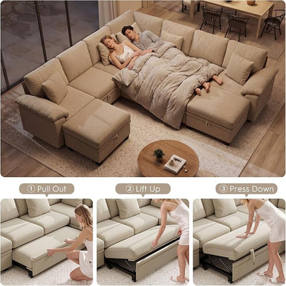 Ihanherry 108" Modular Sectional Sofa with Pull Out Bed, 9-Seater U Shaped Sectional Sleeper Couch with Storage, Chenille Convertible Couches for Living Room, Apartment (Sand)