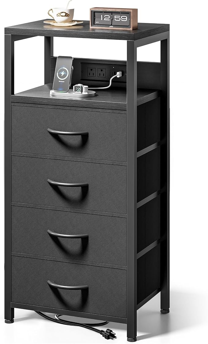 Lazzanto NightStand Bedside Charging Table Bedroom - Black Night Stand with Charger Station, Modern Bed Side End Table with Open Shelf & 4 Fabric Drawers, USB-C Port for Dorm Living Room