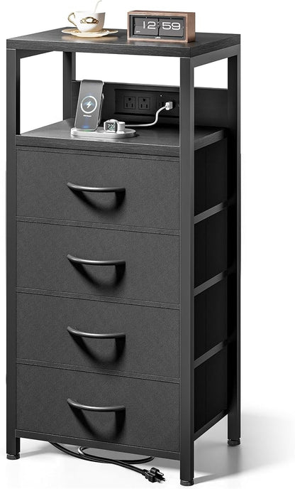 Lazzanto NightStand Bedside Charging Table Bedroom - Black Night Stand with Charger Station, Modern Bed Side End Table with Open Shelf & 4 Fabric Drawers, USB-C Port for Dorm Living Room