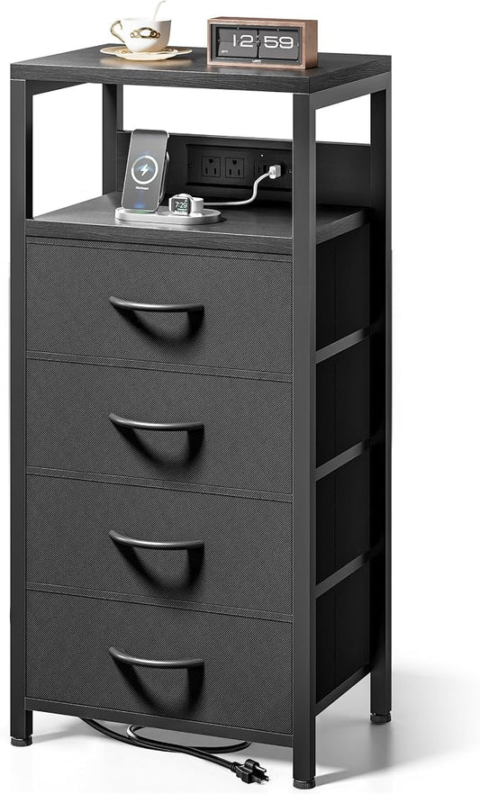 Lazzanto NightStand Bedside Charging Table Bedroom - Black Night Stand with Charger Station, Modern Bed Side End Table with Open Shelf & 4 Fabric Drawers, USB-C Port for Dorm Living Room